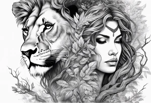 Forest goddess looking down side profile  tree branches forming her face with smoke a full male lions head facing her as to protect her middle arm sleeve tattoo idea