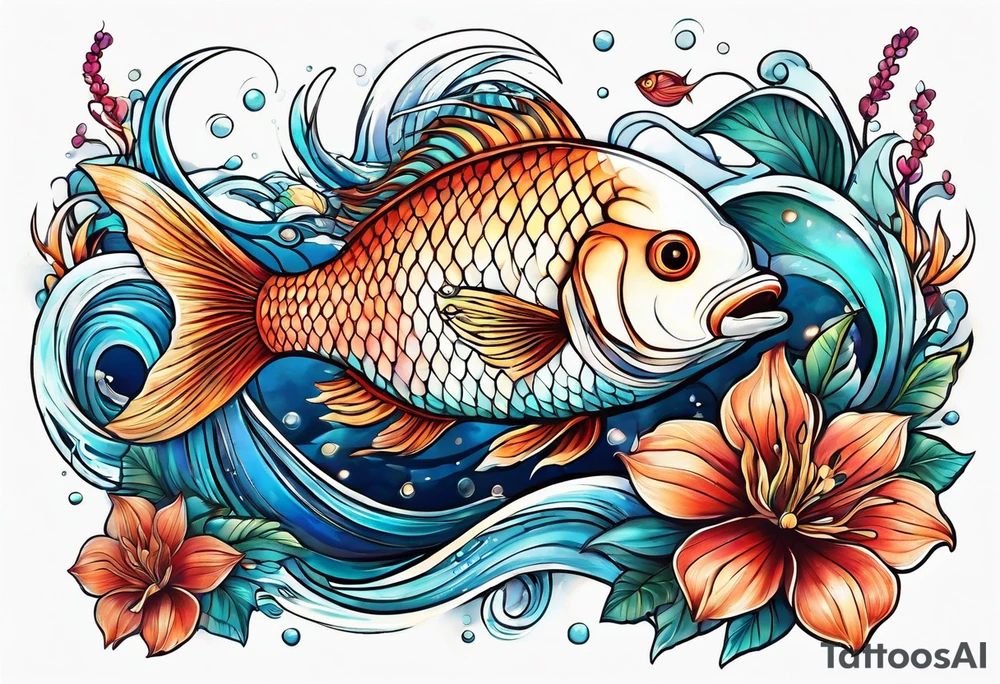 sea,, night, flower, fish tattoo idea