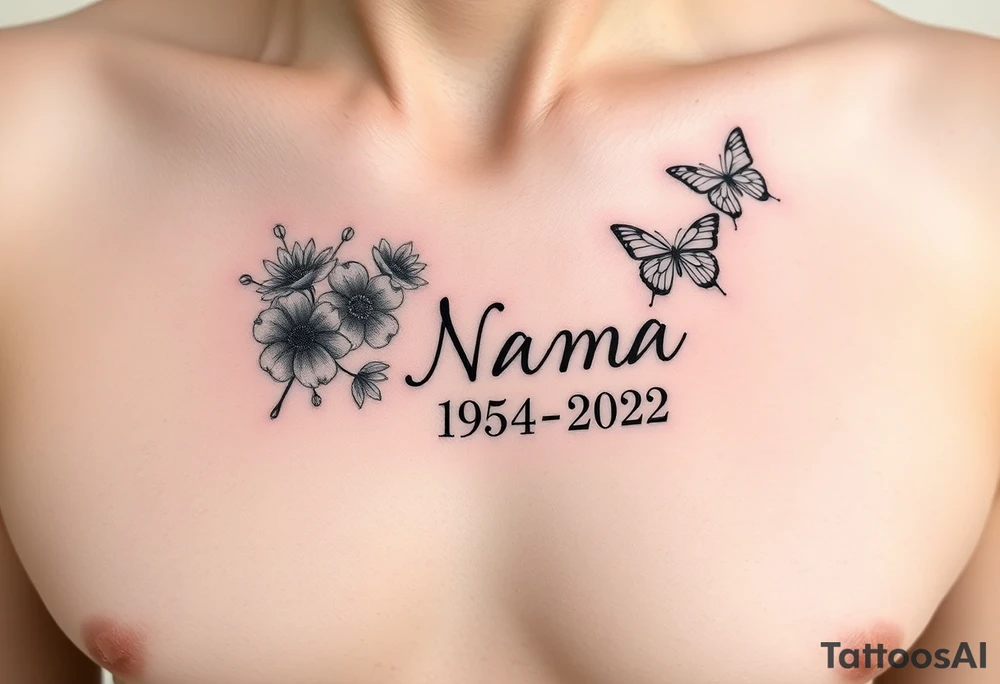 memorial tattoo with flowers and butterflies with the name “NANA” and the date “1954-2022” on the side of the rib cage tattoo idea
