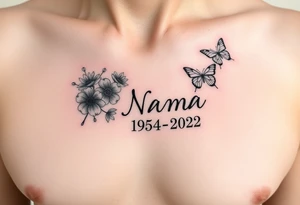 memorial tattoo with flowers and butterflies with the name “NANA” and the date “1954-2022” on the side of the rib cage tattoo idea