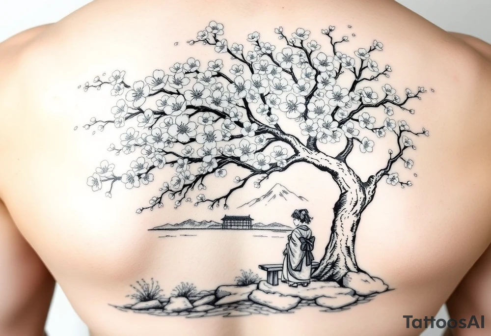 Large realistic cherry blossom tree in full bloom next to a river with mountains in the back ground and a geisha strolling next to a stone bench tattoo idea