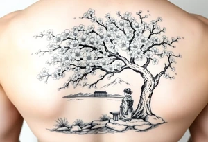 Large realistic cherry blossom tree in full bloom next to a river with mountains in the back ground and a geisha strolling next to a stone bench tattoo idea