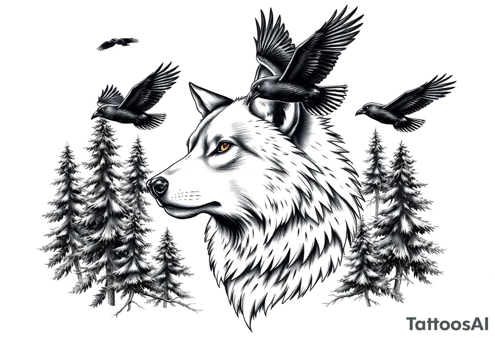 Wolf head surrounded by large pine trees and ravens flying overhead tattoo idea