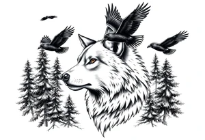 Wolf head surrounded by large pine trees and ravens flying overhead tattoo idea