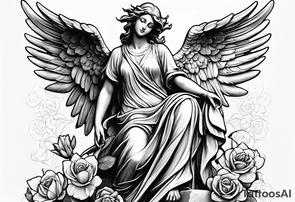 Simple Angel statue stood on a rock with daffodils and roses wrapped around its legs tattoo idea