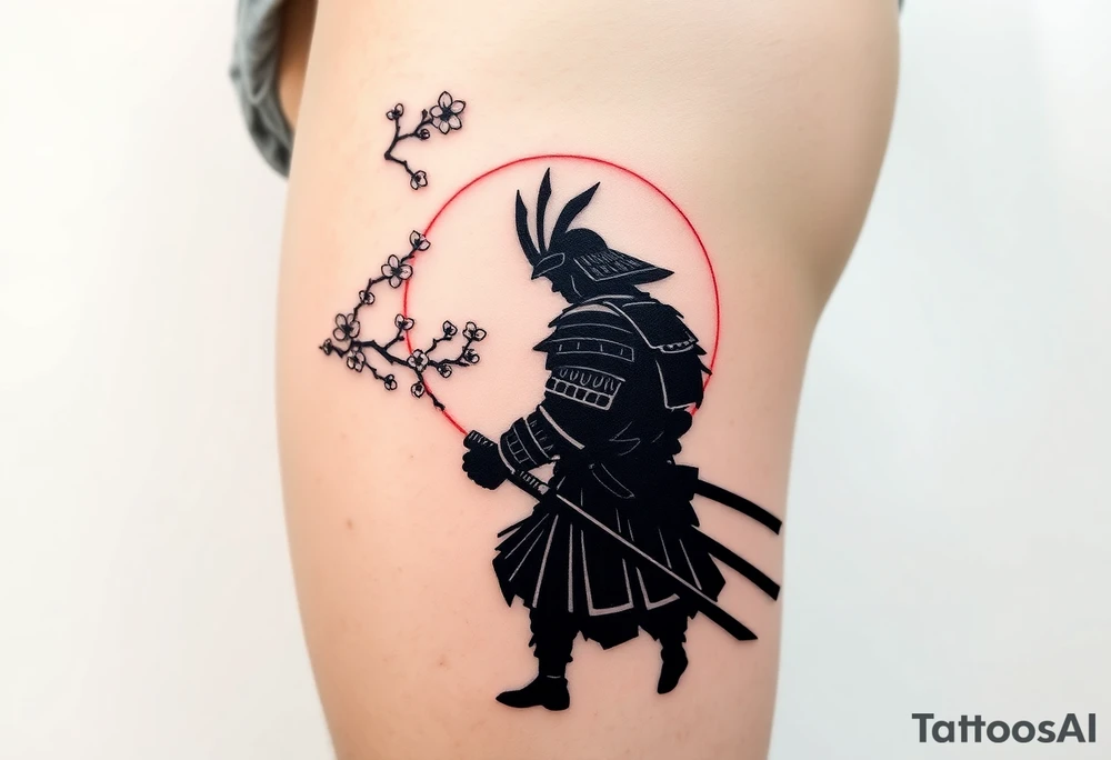 noble samurai warrior silhouette at sunset with cherry blossoms tattoo idea