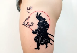 noble samurai warrior silhouette at sunset with cherry blossoms tattoo idea