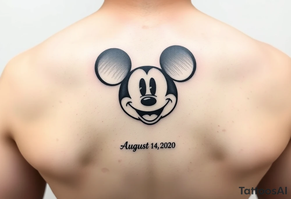 mickey mouse symbol with the name Galileo and the date August 14,2020, incorporated tattoo idea
