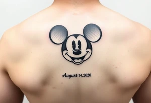 mickey mouse symbol with the name Galileo and the date August 14,2020, incorporated tattoo idea