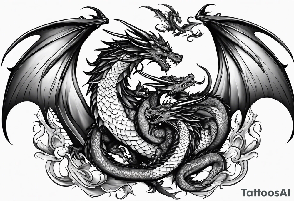 Family of five dragons with wings spread tattoo idea