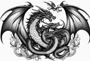 Family of five dragons with wings spread tattoo idea