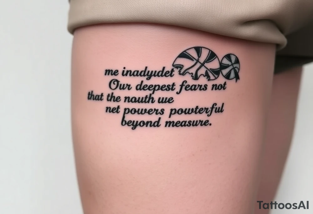 the quote is “ Our deepest fear is not that we are inadequate, Our deepest fear is that we are powerful beyond measure” intertwined with meaningful basketball things with it tattoo idea
