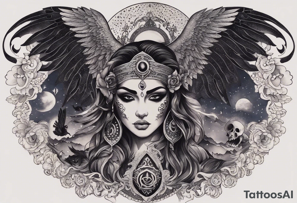 black kali, goddess pirate, alien, angel, pachamama, valkrye, warrior, flying, skull, lotus azul, wing, eagle, zenza resonance, stars, 5D, anahata chakra, death, durga, riding on a tiger, flying lady, chest tatoo tattoo idea