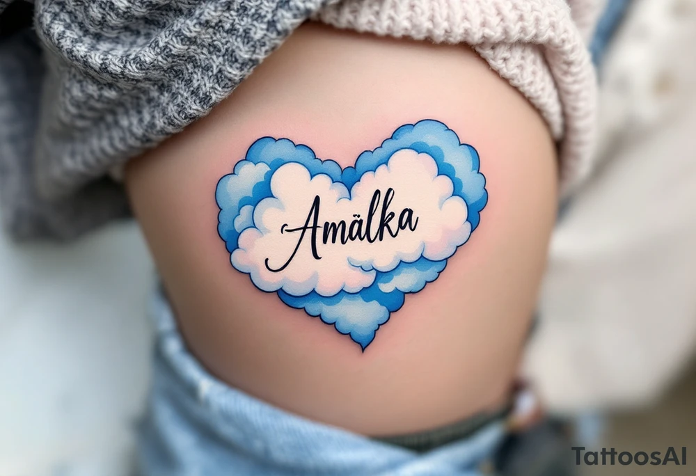 A heart shaped from soft clouds in baby blue, holding the name Amálka in gentle script. tattoo idea