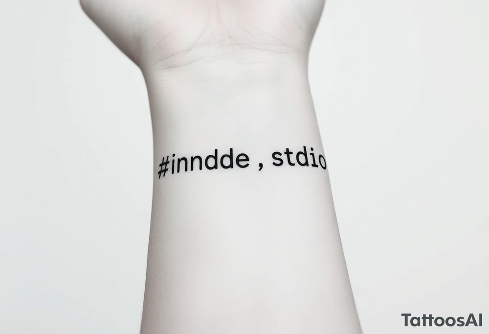 Minimalist black tattoo of the text "#include <stdio.h>" on a human wrist. Clean monospace font (programming style), thin lines, sharp and precise lettering. No colors, only solid black ink. Realistic skin texture, natural wrist curvature, subtle lighting. Simple and elegant composition, no additional elements or decorations. Focus on clarity and readability of the code text. tattoo idea