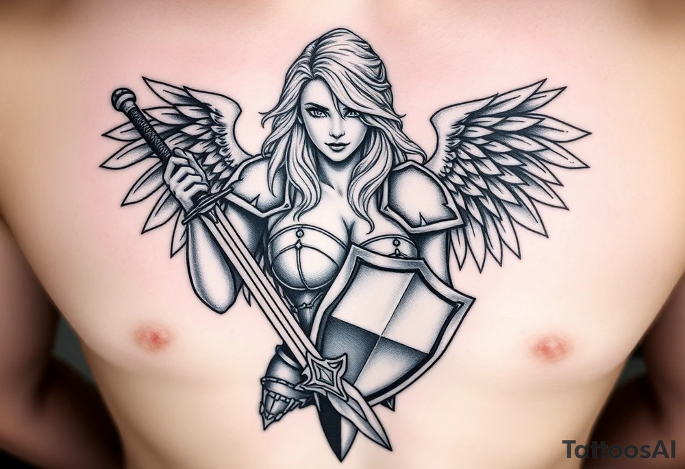 blonde valkyrie with sword and shield -- location calf -- image should show entire body of the valkyrie -- she should have large breasts and beautiful yet tough -- full color, realistic, should have breast armor tattoo idea