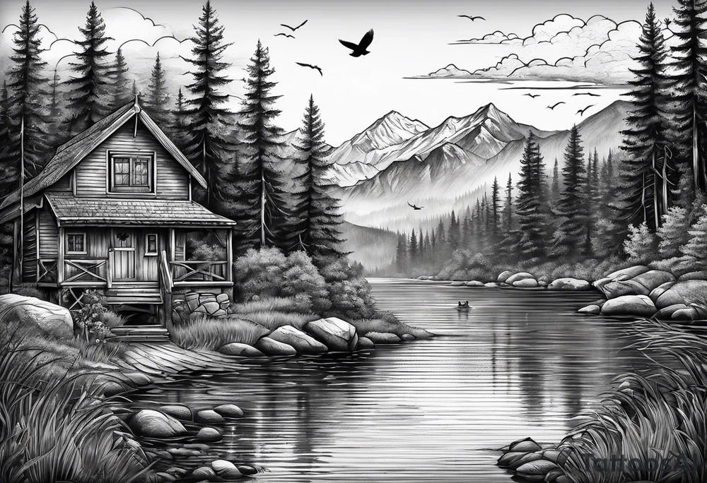 Backpacking fishing Wildlife theme and background with a Christian cross tattoo idea