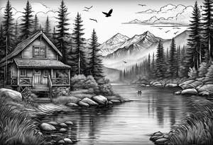 Backpacking fishing Wildlife theme and background with a Christian cross tattoo idea