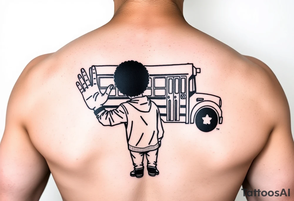 an african american with an afro making a T with his hands standing in front of a short bus with a stop sign that says STOP SNITCHING tattoo idea