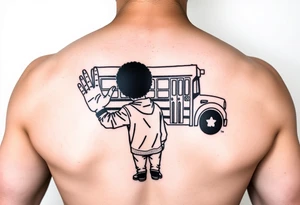 an african american with an afro making a T with his hands standing in front of a short bus with a stop sign that says STOP SNITCHING tattoo idea