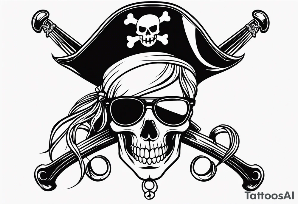 create a pirate flag with a feminine skull with two blonde pigtails and crossbones  wearing glasses tattoo idea