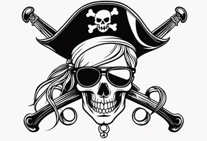 create a pirate flag with a feminine skull with two blonde pigtails and crossbones  wearing glasses tattoo idea