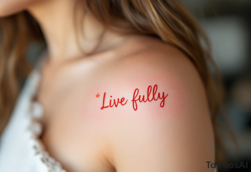 “Live fully” in bright coral ink, with yellow sun rays stretching outward. tattoo idea