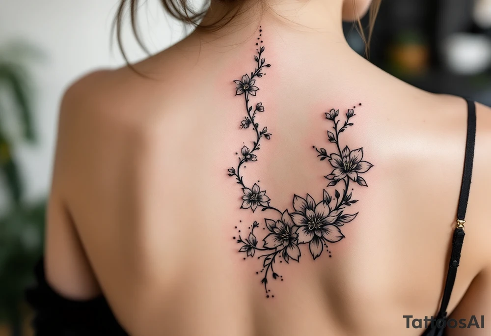 1.	Cherry Blossom Flow (Central Spine): A cascading cherry blossom flowing vertically along the spine to cover the central portion of the existing tattoo. Symmetrical patterns inspired by ornamental designs, with intricate curves and dotwork extending outward from the base of the spine. These elements should balance the floral motif and enhance the lower back area with a decorative, feminine flair.
	3.	Dotwork and Contouring: Delicate linework and dot patterns should be added around the floral design to give texture and seamlessly blend the tattoo with the surrounding skin. The ornamentation should curve naturally along the shape of the body, creating a cohesive, elegant look. tattoo idea