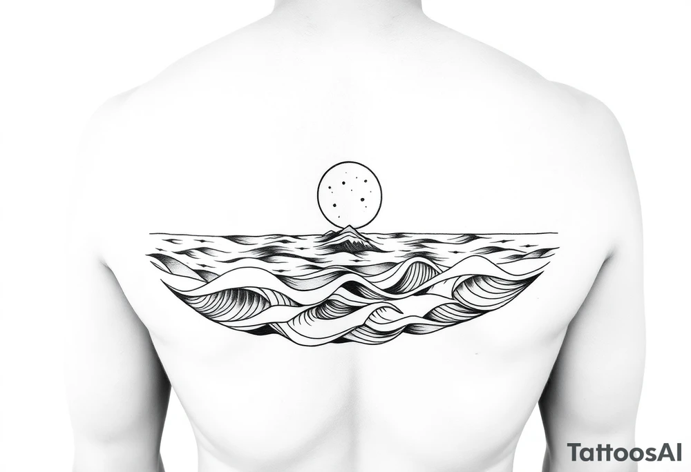 Wrap-around forearm tattoo, black and white line art. Calm sea waves and horizon, sun or moon above with subtle Norse runes (Algiz, Raido). Balanced, elegant, marine and mythological. Clean outlines, high contrast, stencil-ready. tattoo idea
