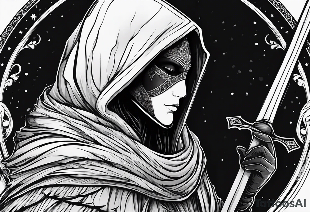 Hooded figure with no face carrying wooden staff with gem on top and wearing a long tattered cloak tattoo idea