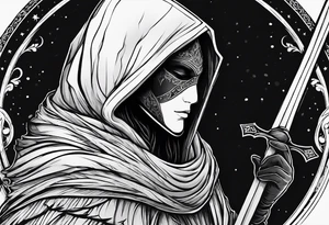 Hooded figure with no face carrying wooden staff with gem on top and wearing a long tattered cloak tattoo idea