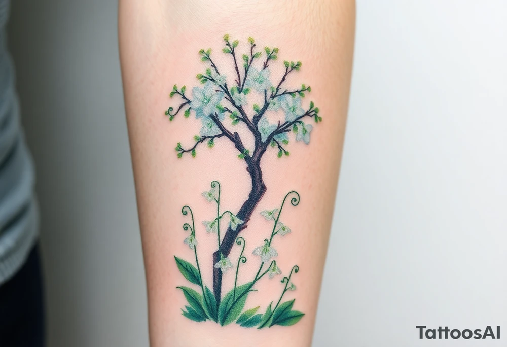 Lilly of the vally bell plants on the ground underneath a blooming hawthorn tree tattoo idea