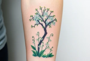 Lilly of the vally bell plants on the ground underneath a blooming hawthorn tree tattoo idea