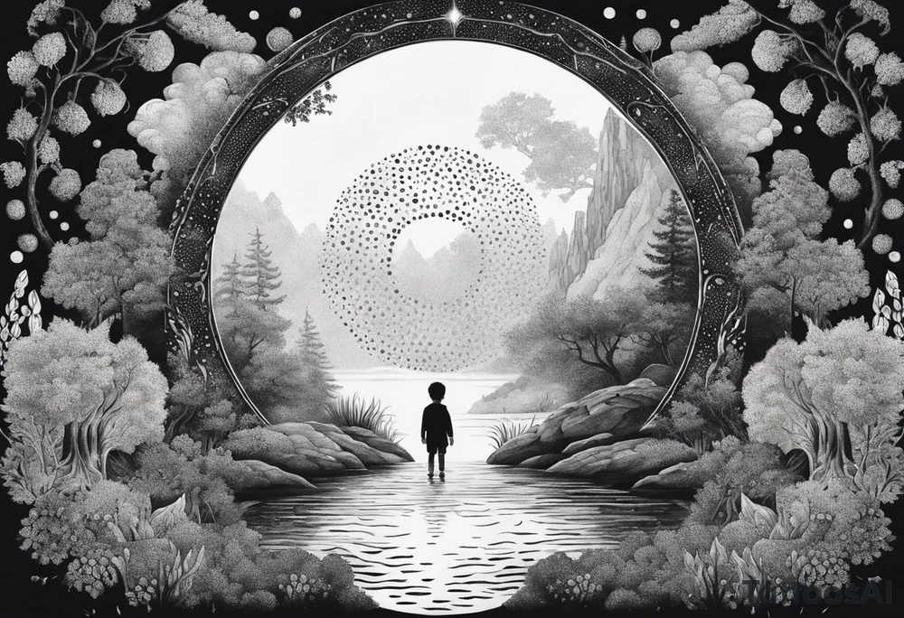 a small boy entering a portal to a fantasy world filled with nature tattoo idea