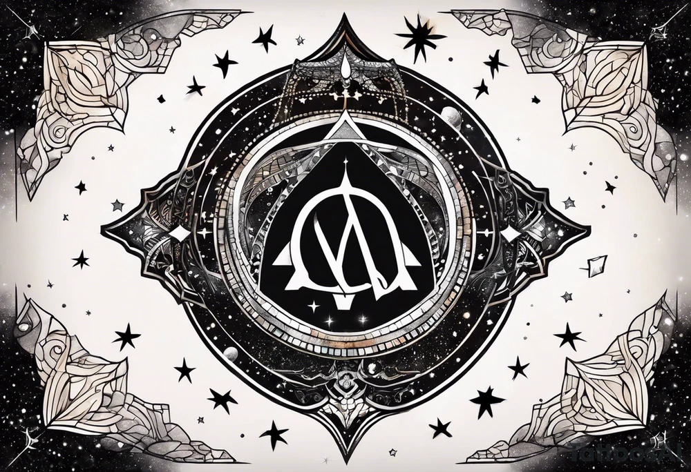 Matter, energy, space and time with an old stone theta symbol with stars in the background and Scorpio constellation tattoo idea