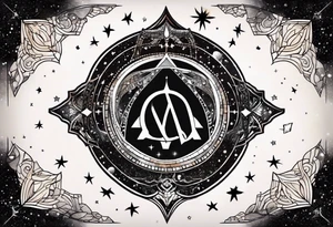 Matter, energy, space and time with an old stone theta symbol with stars in the background and Scorpio constellation tattoo idea