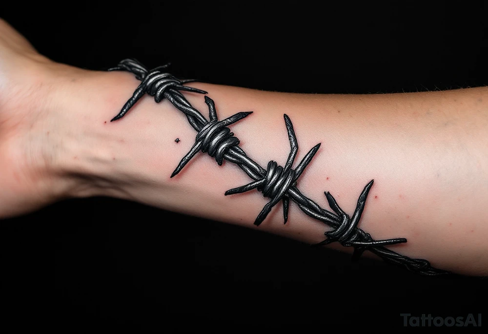A realistic black and dark silver barbed wire tattoo wraps tightly around the arm, with sharp crimson highlights on the barbs and subtle shading to create a three-dimensional, metallic effect against the skin. tattoo idea