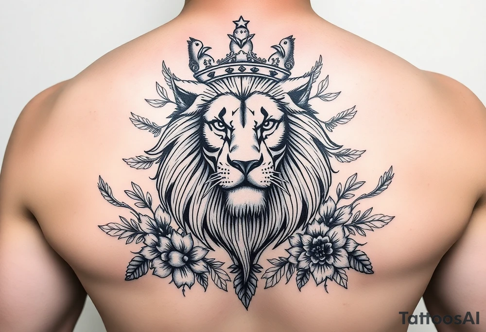 powerful majestic lion with a crown, surrounded by floral ornaments and birds tattoo idea