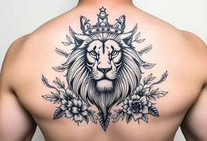 powerful majestic lion with a crown, surrounded by floral ornaments and birds tattoo idea