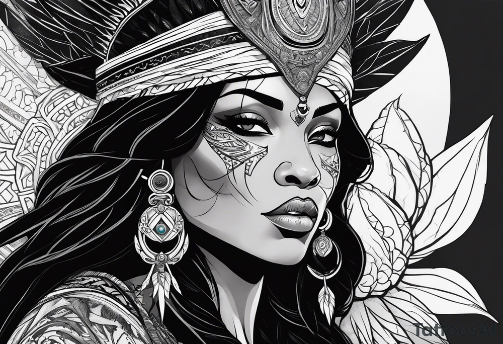 valkrye, kali, pirate, african goddess, , warrior, native american, lotus, zenza resonance, skulls, dragon, pachamama, left side face, chest, right wing, tattoo idea