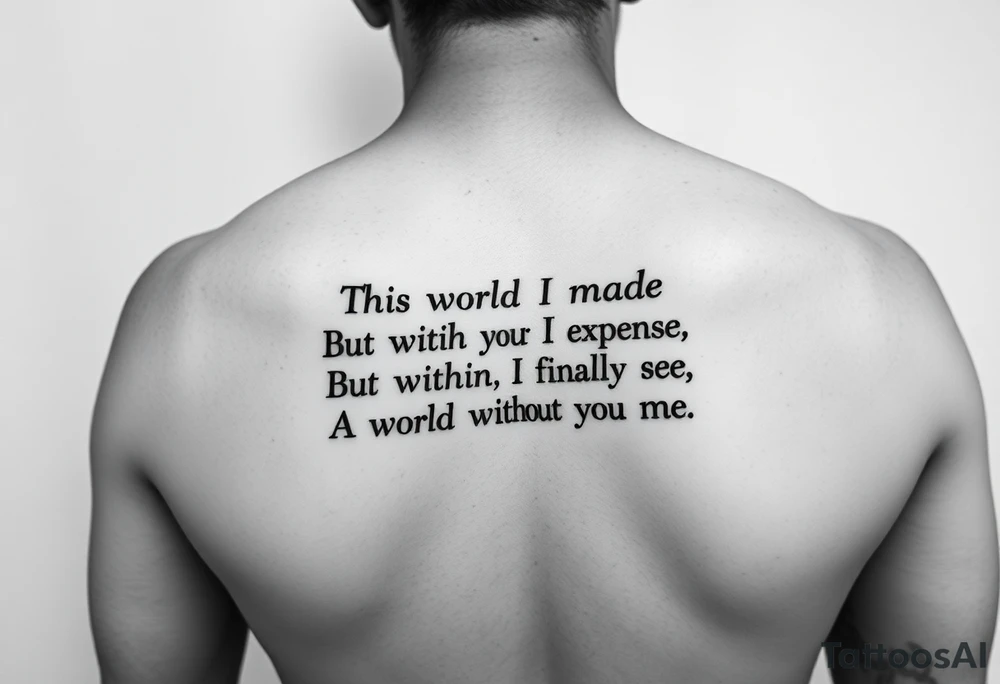 An upper arm tattoo for a man in the style of Ryan Ashley Malarkey with the lyrics, "In this world I made to be infinite
But within the expanse, I finally see
A world without you isn't meant for me", from the band Lorna Shore with their dark forest imagery and aesthetics. tattoo idea