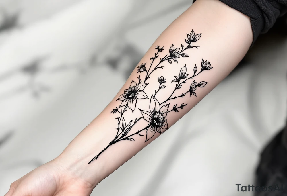 starting from a band mid-forearm, a sleeve of holly flowers and daffodils tattoo idea