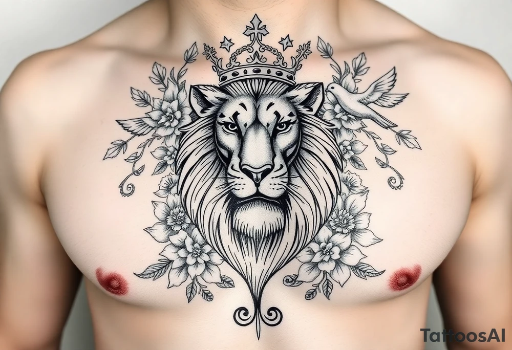 powerful majestic lion with a crown, surrounded by floral ornaments and birds tattoo idea