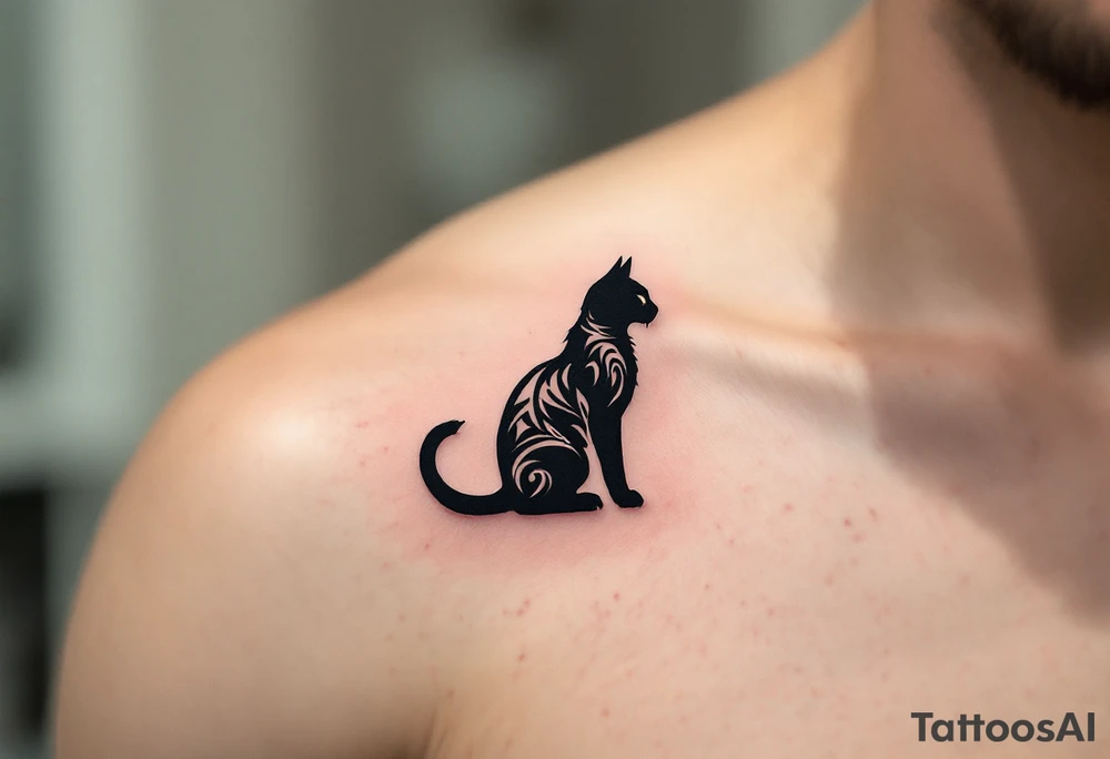 Tribal Cat Silhouette – A sharp-edged black silhouette decorated with tribal-style line work in dark gray or deep red. tattoo idea