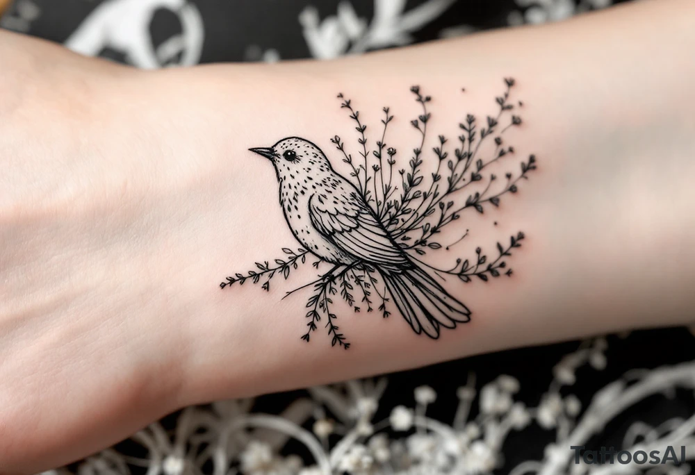Bird with wildflowers coming out of tail tattoo idea