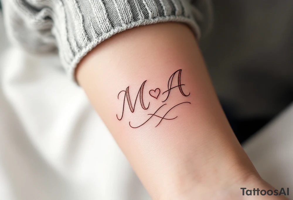 Romantic Script Monogram – Rose gold cursive “M ❤️ A” in a flowing handwritten style, joined by a soft heart accent. tattoo idea