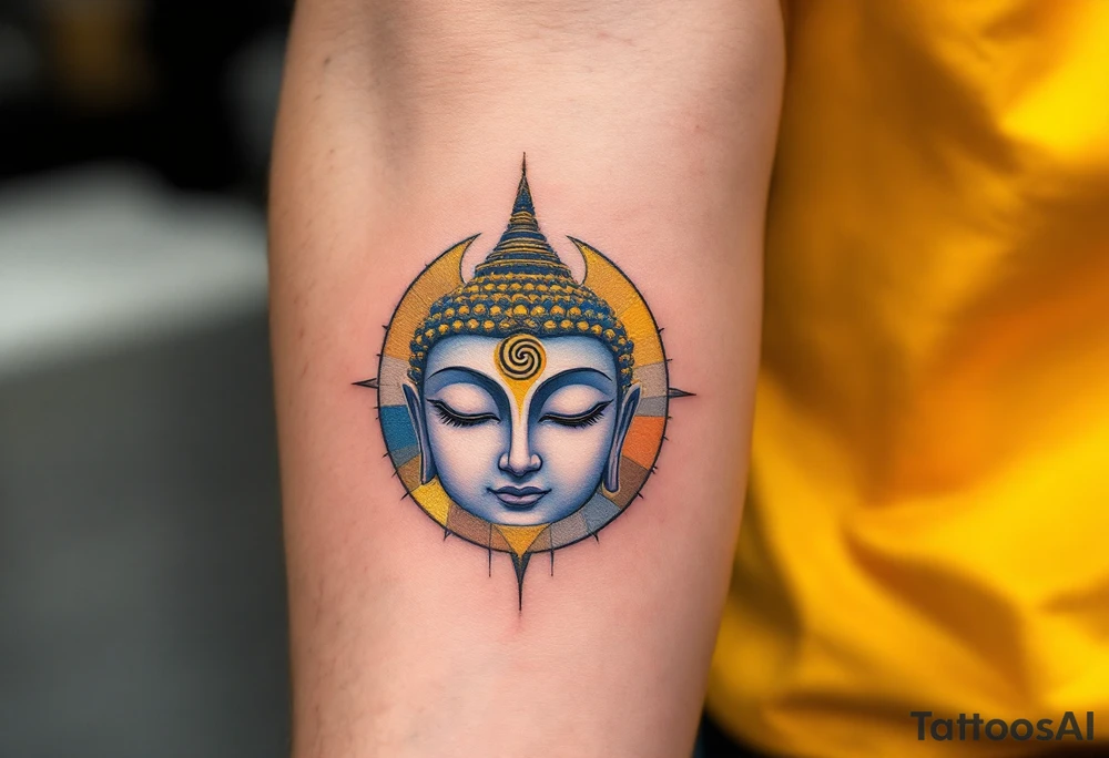 The Buddha Eyes (Wisdom Eyes) – A pair of calm eyes looking out from a stupa, usually with a spiral symbol in place of the nose, often colored in gold, white, and royal blue. tattoo idea