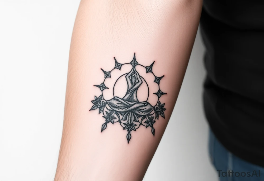 A symbol of victory over enemies surrounded by symbols of meditation and a new life tattoo idea
