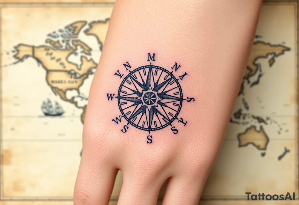 antique compass rose overlaid on weathered world map with sailing ships tattoo idea
