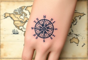 antique compass rose overlaid on weathered world map with sailing ships tattoo idea